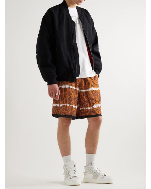 Acne Brown Rong Straight-Leg Mesh-Trimmed Leopard-Print Herringbone Cotton-Blend Shorts for men