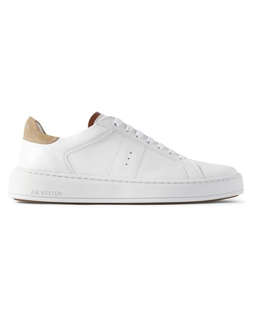 J.M. Weston White On Time Suede-trimmed Leather Sneakers for men