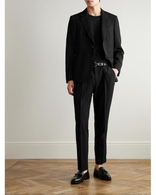 Mr P. Black Daniel Tapered Pleated Wool-Blend Seersucker Suit Trousers for men