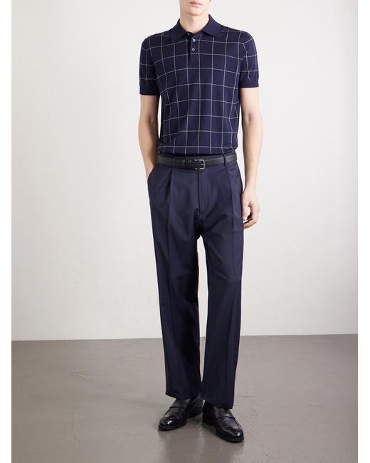 Dunhill Blue Checked Cotton And Mulberry Silk-Blend Jacquard Polo Shirt for men