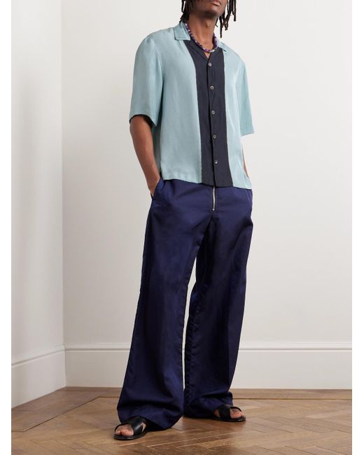 Dries Van Noten Blue Camp-collar Colour-block Embroidered Satin Shirt for men