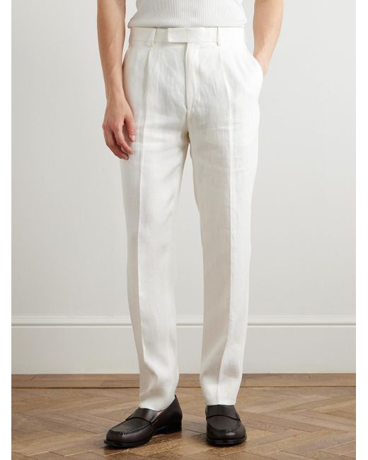 Zegna White Straight-Leg Pleated Linen-Twill Trousers for men