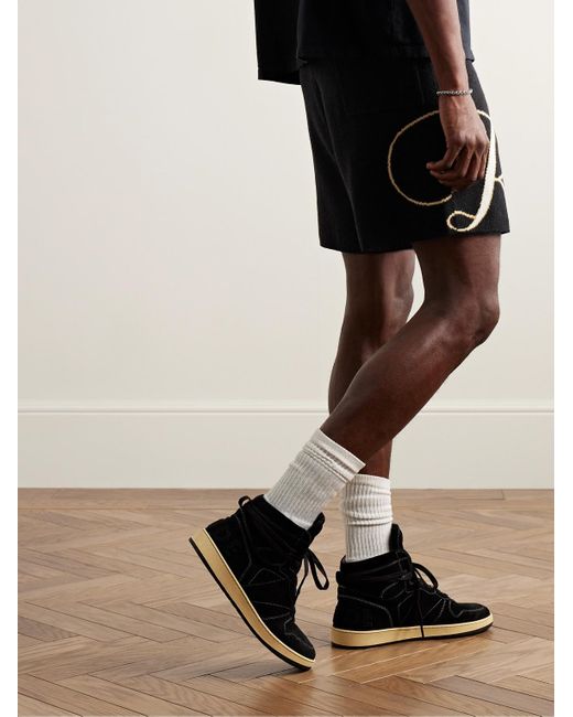 Rhude Black Straight-leg Logo-jacquard Cotton And Cashmere-blend Drawstring Shorts for men