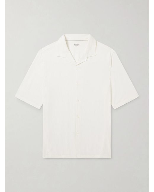 Brunello Cucinelli White Camp-collar Herringbone Cotton And Silk-blend Shirt for men