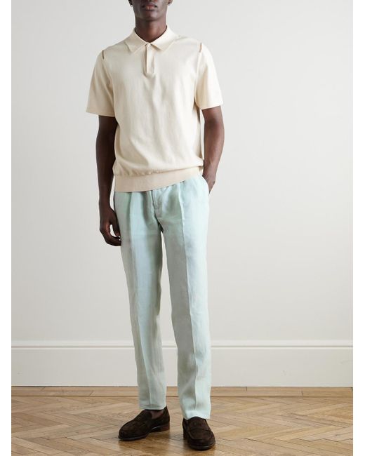Rubinacci Blue Straight-Leg Linen Drawstring Trousers for men