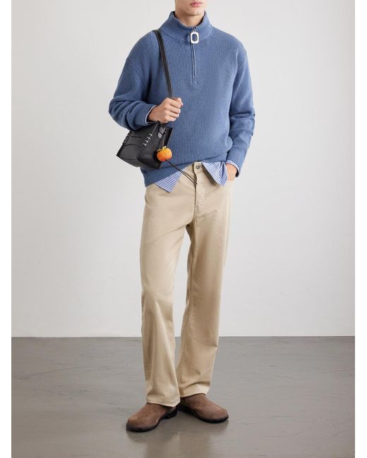 J.W. Anderson Blue Ribbed Wool And Cotton-Blend Half-Zip Turtleneck Sweater for men