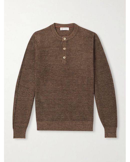 Brunello Cucinelli Brown Ribbed Linen And Cotton-blend Henley Sweater for men