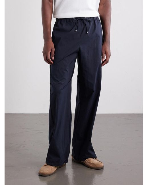 FRAME Blue Straight-Leg Drawstring Logo-Embroidered Cotton-Blend Trousers for men