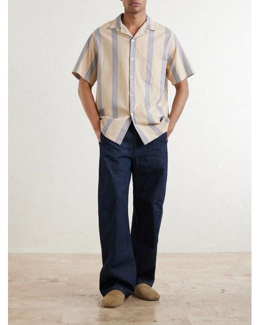 Portuguese Flannel Natural Lousada Camp-Collar Embroidered Striped Cotton Shirt for men