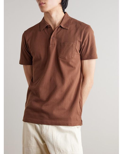 Sunspel Brown Riviera Cotton-Mesh Polo Shirt for men