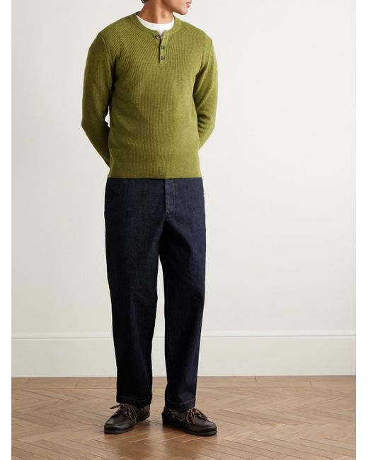 Slowear Green Incotex Zanone Slim-fit Ribbed Virgin Wool Henley Sweater for men