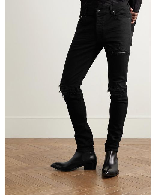 Amiri Black Mx1 Skinny-Fit Leather-Panelled Distressed Jeans for men