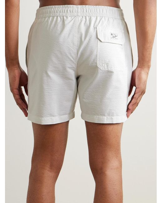 Hartford White Straight-Leg Mid-Length Striped Seersucker Swim Shorts for men