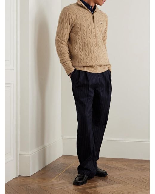 Polo Ralph Lauren Natural Logo-Embroidered Cable-Knit Wool And Cashmere-Blend Half-Zip Sweater for men