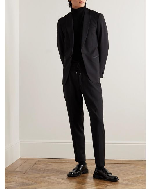 Mr P. Black Tapered Grosgrain-Trimmed Wool Drawstring Tuxedo Trousers for men