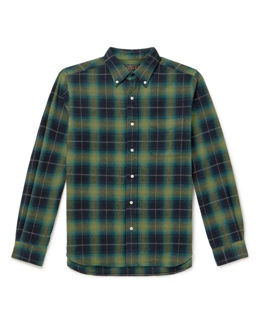 Beams Plus Green Button-down Collar Checked Brushed Cotton-flannel Shirt for men