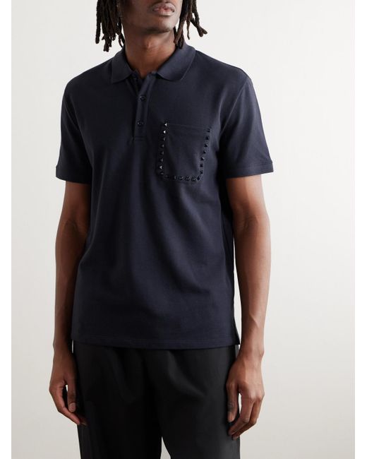 Valentino Garavani Blue Rockstud Embellished Cotton-piqué Polo Shirt for men