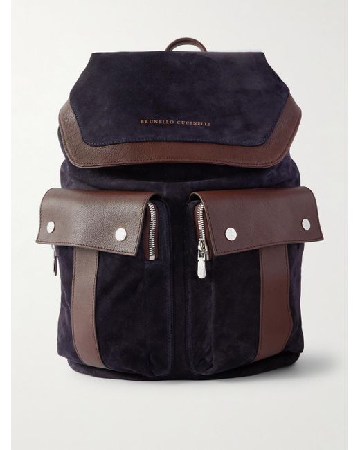 Brunello Cucinelli Blue Leather-Trimmed Suede Backpack for men