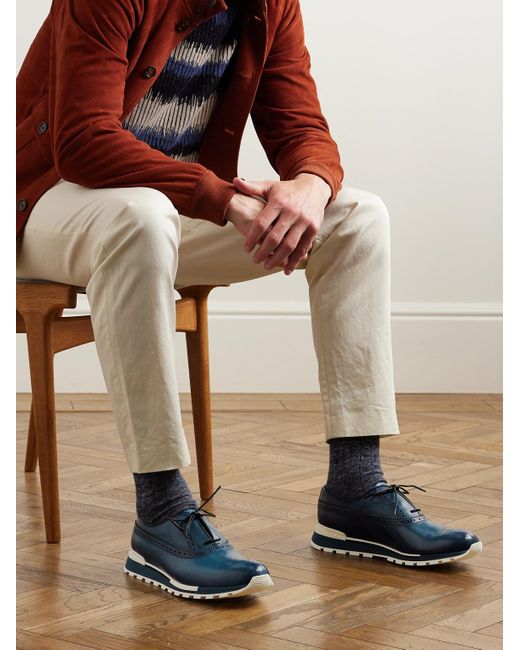 Berluti Blue Fast Track Perforated Venezia Leather Sneakers for men