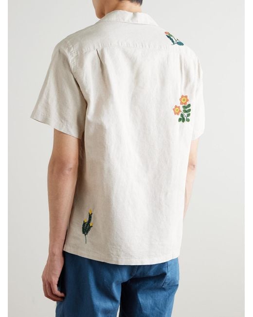 Portuguese Flannel Natural Convertible-Collar Embroidered Linen And Cotton-Blend Shirt for men