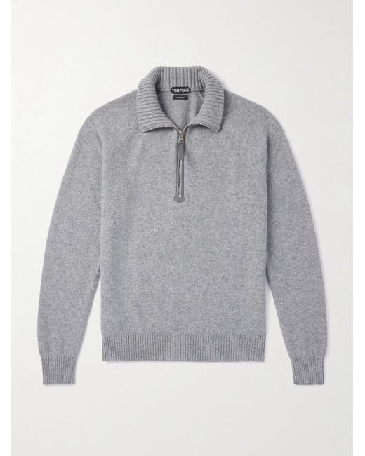 Tom Ford Gray Leather-Trimmed Wool And Cashmere-Blend Half-Zip Rollneck Sweater for men