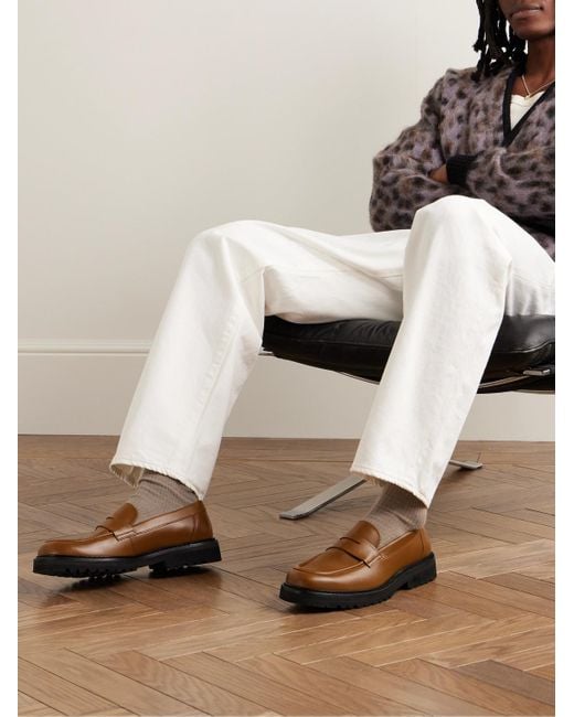VINNY'S Brown Richee Leather Penny Loafers for men