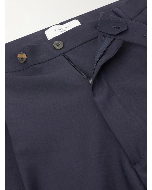 Boglioli Blue Straight-Leg Pleated Wool-Blend Trousers for men
