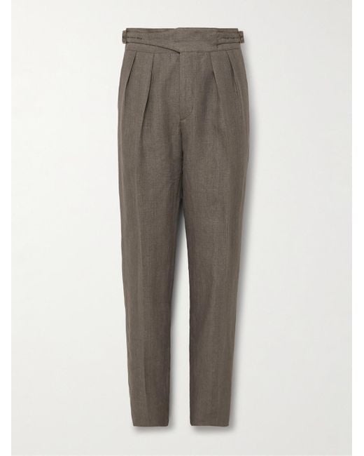 Rubinacci Gray Manny Tapered Pleated Linen Trousers for men