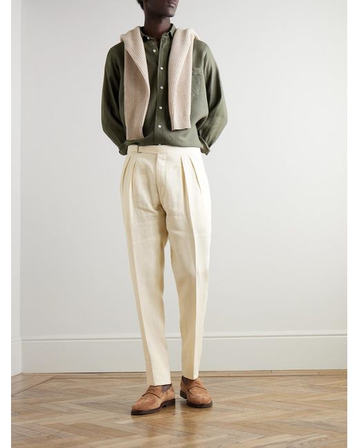 Canali Natural Tapered Pleated Linen Trousers for men