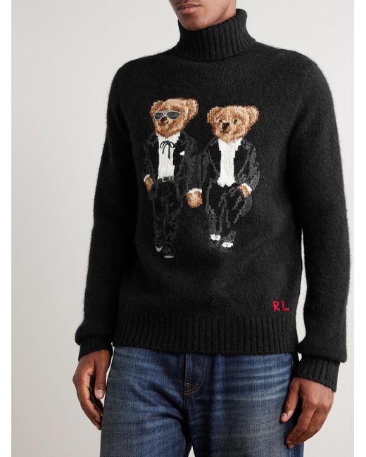 Polo Ralph Lauren Black Embroidered Rib-Detailed Brushed Jacquard-Knit Rollneck Sweater for men