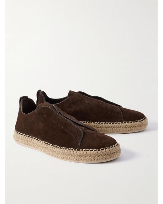 Zegna Brown Triple Stitch Leather-Trimmed Suede Slip-On Sneakers for men