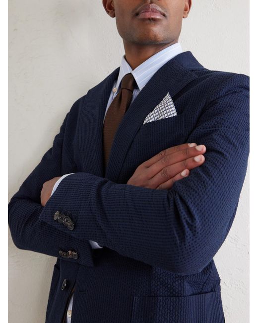 De Petrillo White Printed Silk-Twill Pocket Square for men