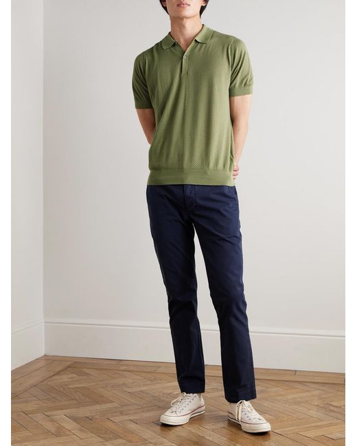 John Smedley Green Calun Pointelle-Knit Sea Island Cotton Polo Shirt for men