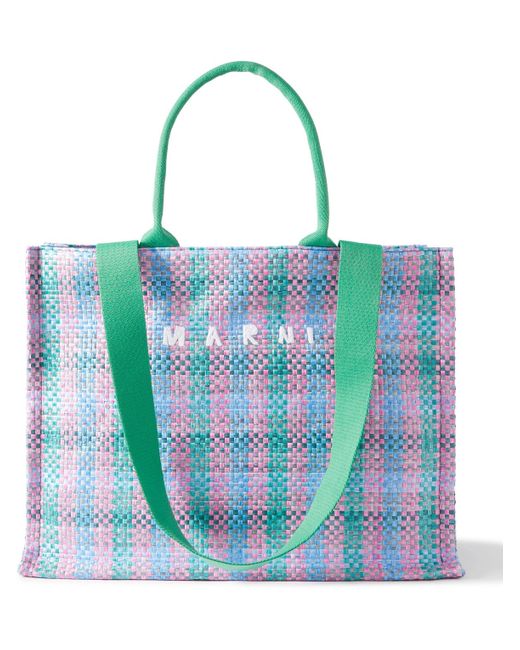 Marni Blue Logo-embroidered Woven Raffia Tote Bag for men