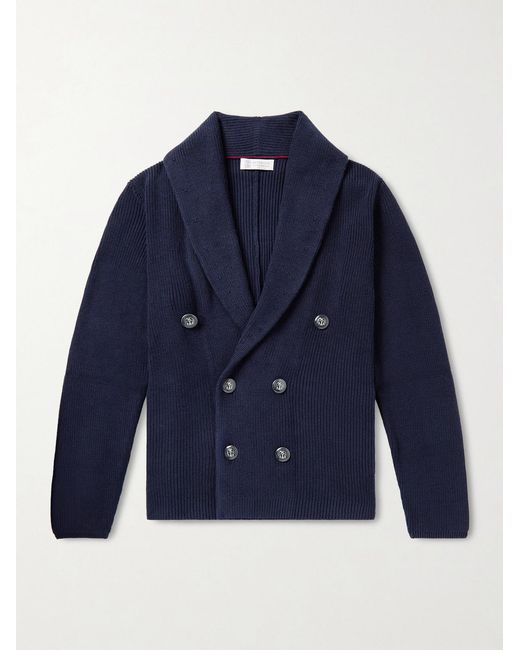 Brunello Cucinelli Blue Shawl-Collar Double-Breasted Ribbed Cotton Cardigan for men