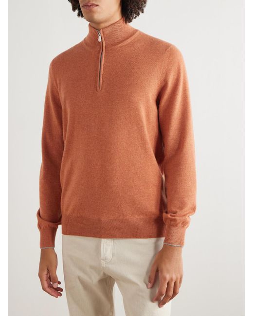 Brunello Cucinelli Orange Cashmere Half-Zip Sweater for men