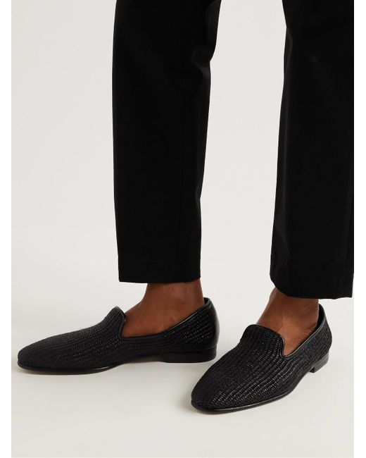 Manolo Blahnik Black Mario Leather-Trimmed Raffia Loafers for men