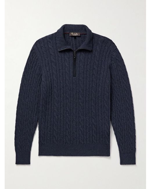 Loro Piana Blue Slim-Fit Suede-Trimmed Cable-Knit Baby Cashmere Half-Zip Sweater for men