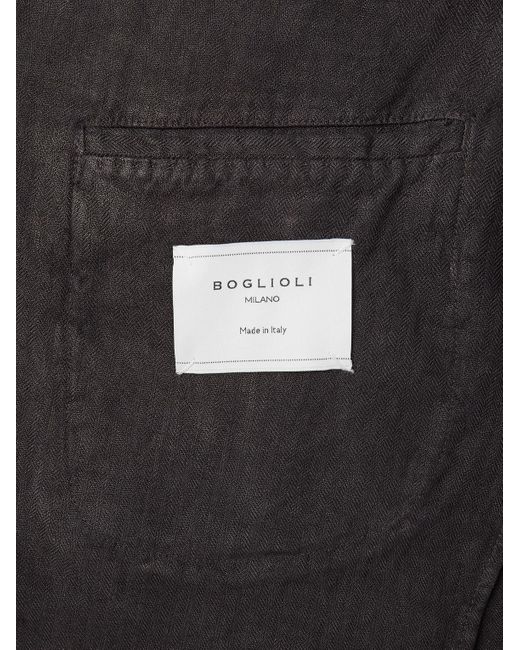Boglioli Black Double-breasted Herringbone Linen Suit Jacket for men