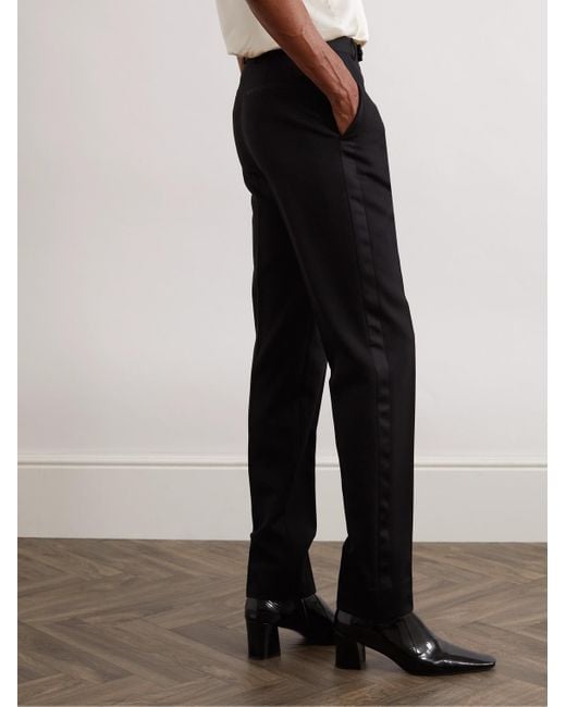 Saint Laurent Black Tapered Silk-trimmed Grain De Poudre Wool Trousers for men