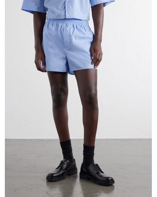 AMI Blue Straight-Leg Embroidered Cotton-Poplin Shorts for men