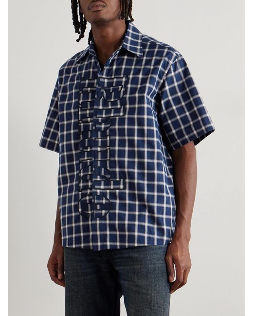 Rhude Blue Logo-Embroidered Checked Cotton-Poplin Shirt for men