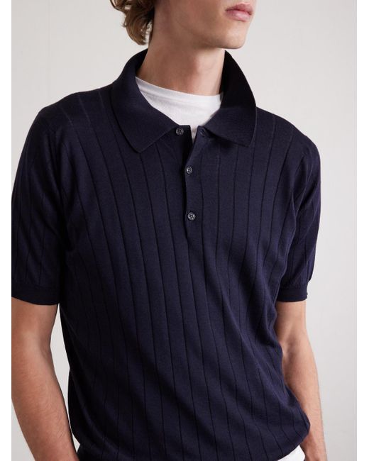 John Smedley Blue Ribbed Wool And Cotton-blend Polo Shirt for men