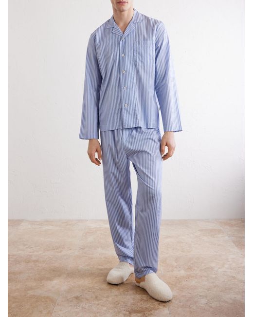 Tekla Blue Camp-Collar Striped Organic Cotton Pyjama Shirt for men
