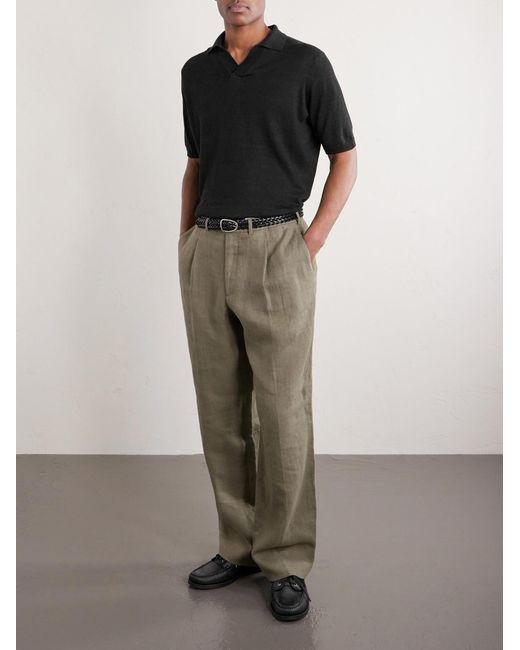 Thom Sweeney Black Linen And Cotton-blend Polo Shirt for men