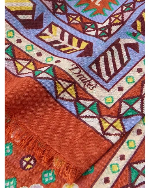 Drake's Red Printed Wool And Silk-Blend Scarf for men