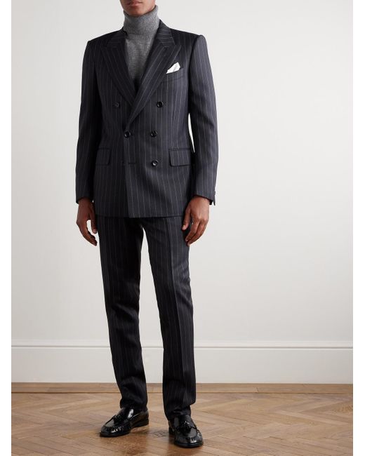 Tom Ford Blue Dyllan Double-Breasted Striped Wool-Twill Suit Jacket for men