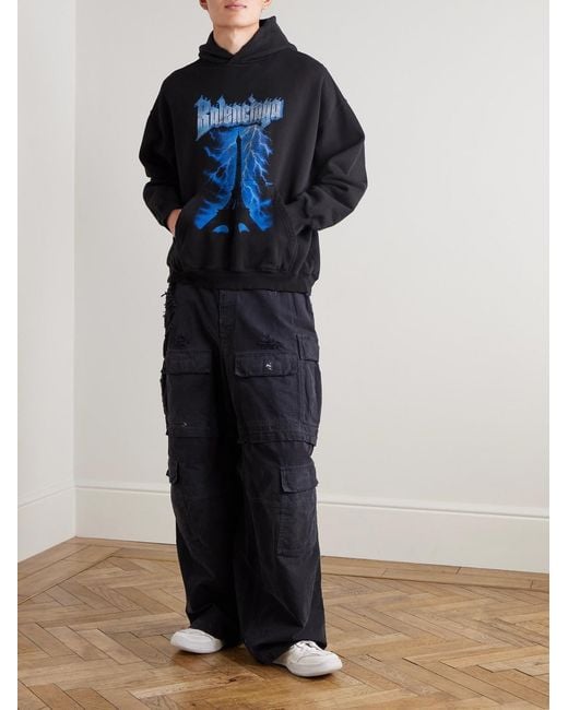 Balenciaga Blue Paris Thunderstorm Distressed Logo-Print Cotton-Jersey Hoodie for men