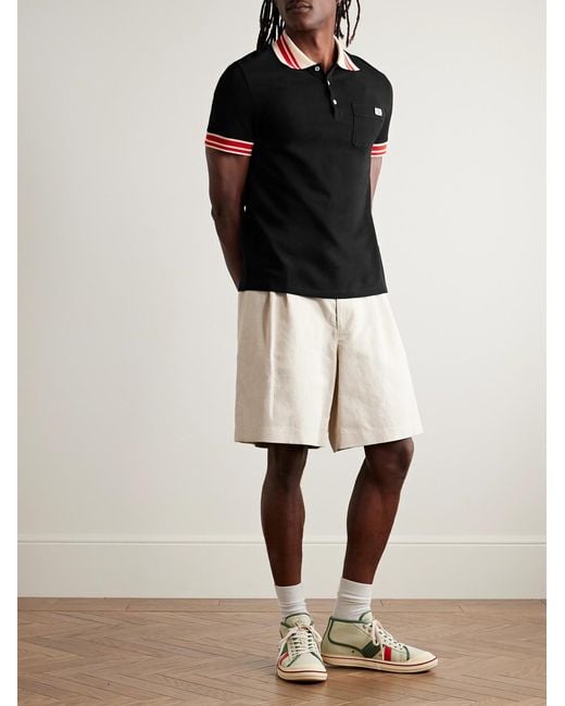 Valentino Garavani Black Logo-Appliquéd Striped Cotton-Piqué Polo Shirt for men