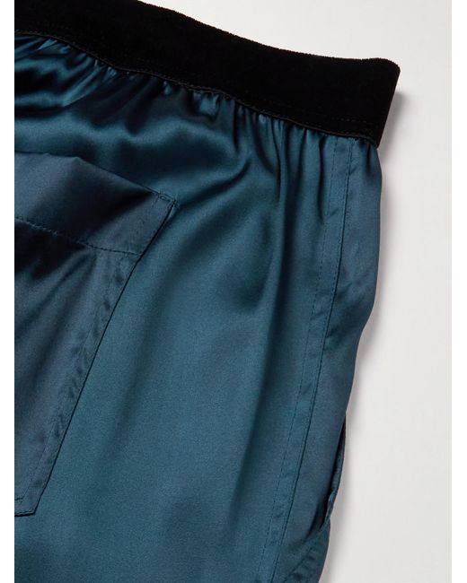 Tom Ford Blue Velvet-Trimmed Stretch-Silk Satin Pyjama Trousers for men